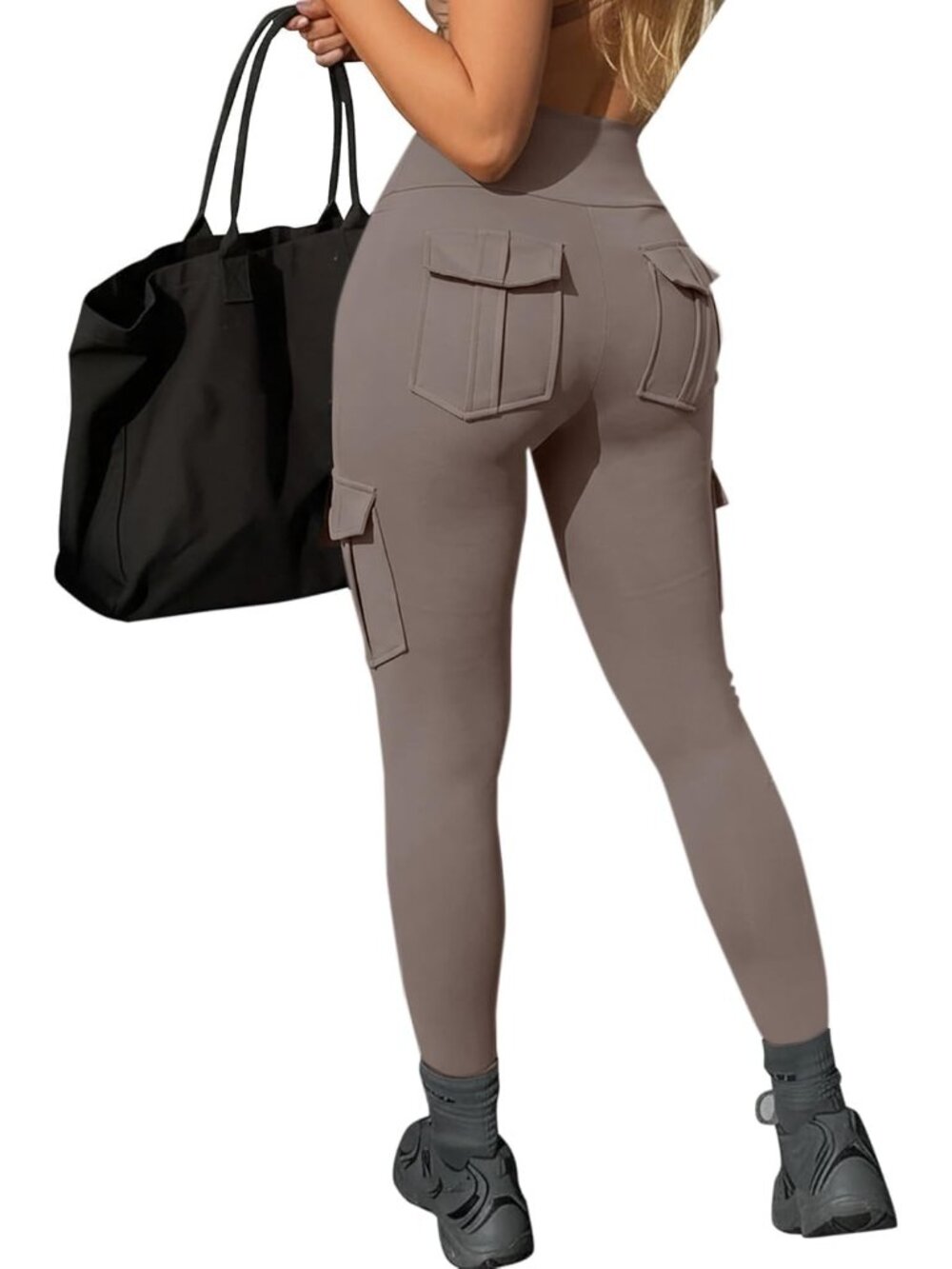 Women's Brown High Waisted Tummy Control Running Workout Leggings with Pocket